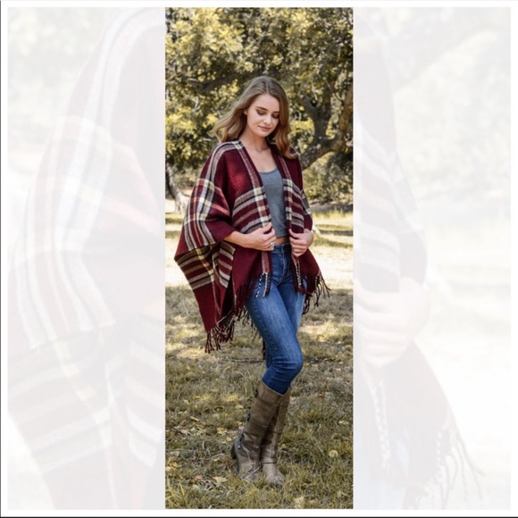 Ruana Burgundy Plaid Wrap Blanket Scarf - Picture 2 of 7